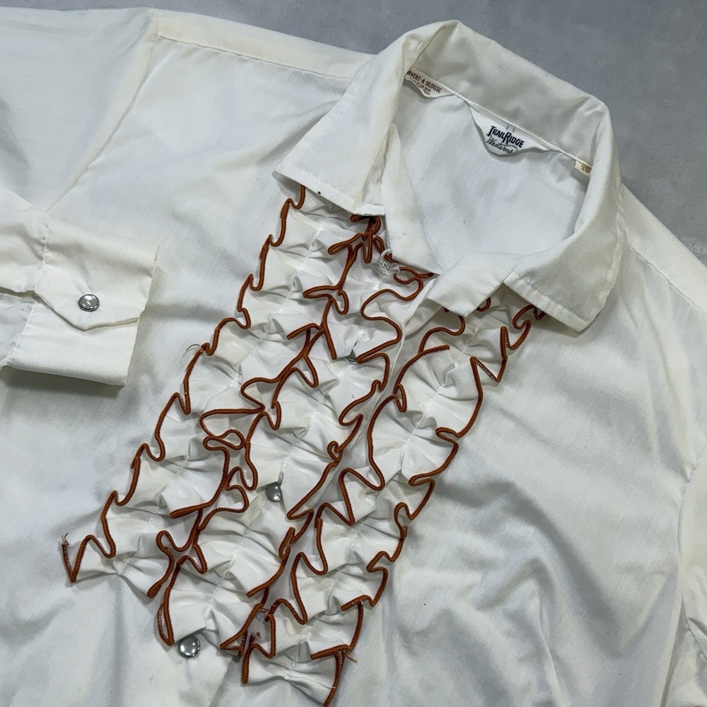 Vintage Trail Ridge Western Tuxedo Shirt 36 White Brown Ruffle Pearl Snap Cowboy